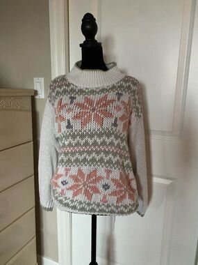 Vintage 1980s/1990s Patterned Knit Sweater - White with Pink & Olive Pattern | L